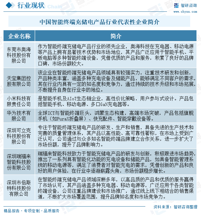 中国智能终端充储电产品行业代表性企业简介
