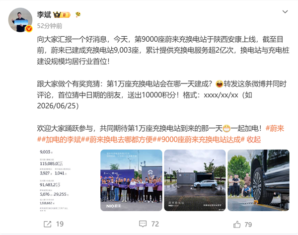 李斌：蔚来累计提供充换电超2亿次 换电站与充电桩建设规模均居行业首位